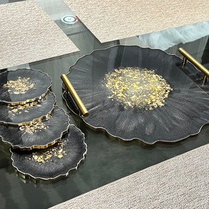 Large Decorative Resin Tray and Coaster Set, Luxury Gold Geode Resin Tray, Serving Tray, Vanity Tray, Jewelry Tray, Coffee Table Tray, Tray