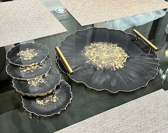 Large Decorative Resin Tray and Coaster Set, Luxury Gold Geode Resin Tray, Serving Tray, Vanity Tray, Jewelry Tray, Coffee Table Tray, Tray