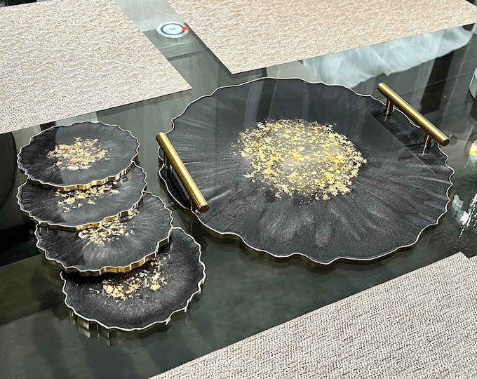 Large Decorative Resin Tray and Coaster Set, Luxury Gold Geode Resin Tray, Serving Tray, Vanity Tray, Jewelry Tray, Coffee Table Tray, Tray
