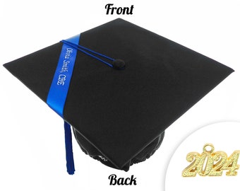 Graduation cap shiny black, pendant 2024, custom embroidery: title, name, Graduation hat, masterhut, doktorhut, bachelor hut