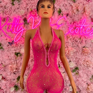 Fishnet Bodysuit One Piece  Hot Pink