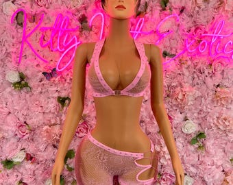 Rave OutfitTwo Piece Fishnet Pink Dancewear