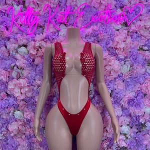 Exotic Dancewear One Piece Red Fishnet Bodysuit
