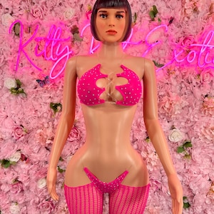 Rave OutfitTwo Piece Fishnet Hot Pink Exotic Dancewear Festival wear