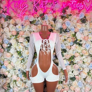 Bottlegirl Outfit Bodysuit Summer White Metalic Design | Exotic Dancewear for Performers, Rave Outfits