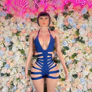 Blue Cutoff Bodysuit: Exotic Dancewear Rave Outfit