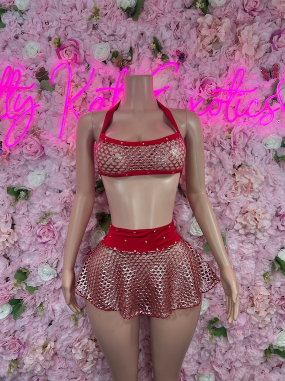 Two Piece Skirt Set Red Fishnet Etsy