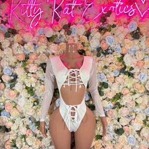 Bottlegirl Outfit Bodysuit Summer White Metalic Design | Exotic Dancewear for Performers, Rave Outfits