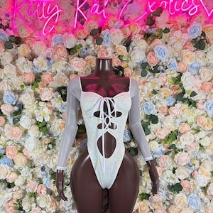 Bottlegirl Outfit Bodysuit Summer White Metalic Design | Exotic Dancewear for Performers, Rave Outfits