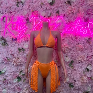 Exotic Dancewear Two-Piece Orange Fringe Exotic Dancewear Costume – Sexy Festival Outfit, Rave Performance Set, Stripper & Go-Go Dancer Wear