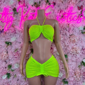 Rhinestone Skirt Two Piece Set Neon Green Ravewear Festival wear