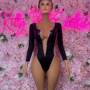 Rave Bodysuit One-Piece Purple Metallic Bodysuit – Exotic Dancewear, Ravewear for Performers, Raves, or Night Out | Bottle girl Outfits