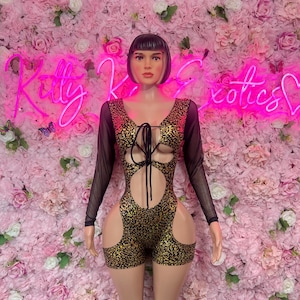 Bottlegirl One-Piece Gold Cheetah  Bodysuit – Exotic Dancewear for Performers, Raves, or Night Out | Bottle girl Outfits