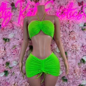 Rave Outfit Skirt Two Piece Rhinestone Skirt Set Neon Green Ravewear Festival wear