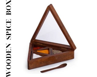 Wooden masala dabba / Spice box, Spice rack wooden carved container with spoon, Kitchen storage set