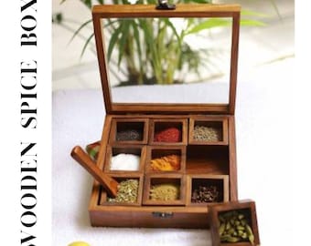 Wooden handcrafted masala dabba / Spice box, Spice rack wooden carved container with spoon, Kitchen storage Spice rack set with spoon