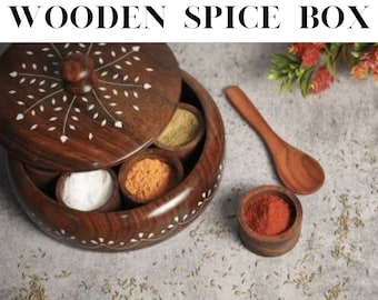 Caja de especias de madera hecha a mano Masala dabba, especiero de madera tallada, juego de almacenamiento de cocina con cuchara