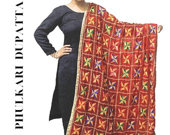 Phulkari czerwony wielokolorowy Punjabi haftowany Dupatta dla kobiet z Amritsar, Punjab