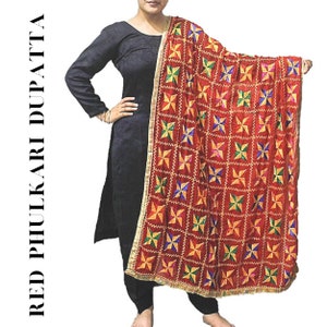 Phulkari rot mehrfarbiger Punjabi bestickter Dupatta für Frauen aus Amritsar, Punjab