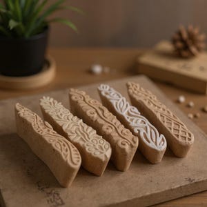 May include: Five beige rectangular decorative pieces with intricate floral and geometric patterns. Each piece has a unique design, with some featuring white accents. The items are arranged on a brown surface, showcasing their detailed craftsmanship.