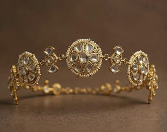 Kundan Sheeshphool bridal matha patti, tradycyjna indyjska ozdoba ślubna, złota biżuteria do włosów, prezent