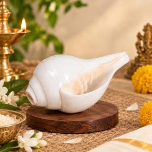 May include: A smooth, white conch shell with a spiraled body and a wide, open aperture. The shell features a subtle, pale orange tint along its inner ridges and is positioned horizontally on a circular, dark brown wooden base.