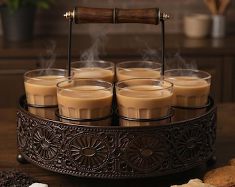 Cutting Chai Glass Set of 6, Indian Tea Cups with Metal Holder Stand, Tapri Style Kitchen Cafe Gifts