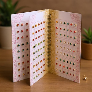 May include: A spiral-bound display card featuring a grid of numerous small stud earrings with round, faceted gemstones in various colors including red, green, orange, and clear, set in gold-toned metal settings against a white floral background.