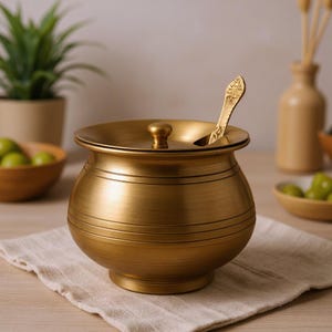 May include: A round, brushed gold-toned metal container with a matching lid and a small knob handle. The container features horizontal engraved lines around its body and includes a matching gold-toned metal spoon resting in a side opening.