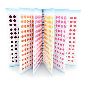 Op de afbeelding: Een spiraalgebonden notitieboek met meerdere pagina's met rastergebaseerde stickervellen. Elke pagina bevat rijen ronde stickers in een kleurverloop, waaronder donkerbruin, oranje, lichtroze, geel, magenta en rood, gerangschikt in vierkanten.