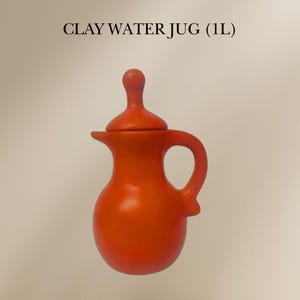 May include: Orange clay water jug with a lid. The jug holds 1 liter of liquid.