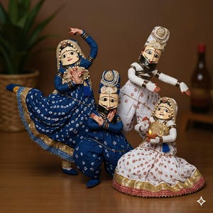 May include: Four handcrafted puppets in traditional attire. One figure in a blue patterned dress dances, another in blue pants stands centrally, one in white pants poses with arms raised, and one in a white patterned dress holds a small glowing lamp.