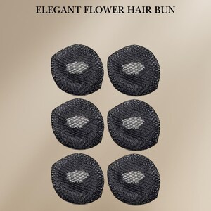 May include: Six black mesh hair bun makers. The bun makers are round and have a small hole in the center. They are designed to help create a neat and tidy bun.