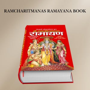 May include: A red hardcover book titled "Shri Ramcharitmanas Ramayan" with a colorful illustration of Hindu deities on the front cover. The book is written in Hindi and includes the text "Vishwa mein Sarvapratham 200 Chitri Suranjit" and "Sampurn Aatho Kand Bhasha-Deeka Sahit".