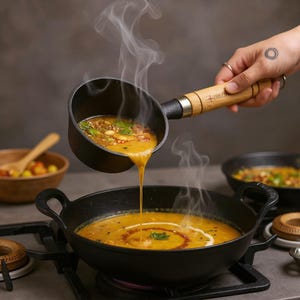 May include: A black cast iron saucepan with a light wood handle pouring a steaming yellow soup into a large black cast iron wok. The soup contains visible herbs and spices. The saucepan features the brand name Trilok etched on the handle.