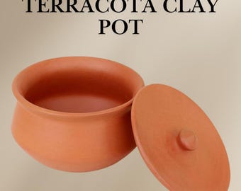 May include: Terracotta clay pot with a lid. The pot is a reddish-brown color and has a rounded shape. The lid has a small knob on top.