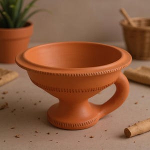 Op de afbeelding: Een terracotta kom met een brede, ronde rand en een voetstuk. De kom heeft één gebogen handvat aan de zijkant en decoratieve gegraveerde lijnpatronen rond de rand en de voet, met een natuurlijke, matte oranjebruine afwerking.