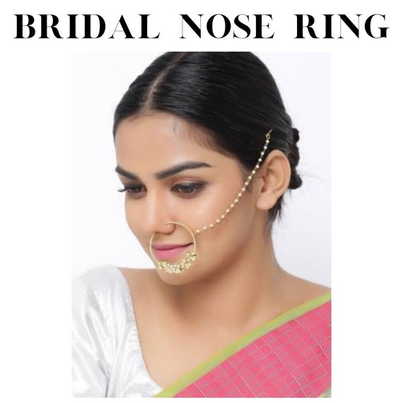 Buy I Jewels Gold Plated Traditional Ethnic Bridal Nose Ring/Nath Without  Piercing with Pearl Chain Encased with Pearl Stone for Women/Girls (NL65M)  at Amazon.in