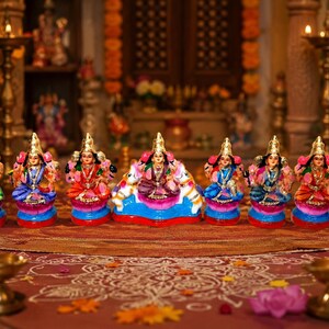 May include: A set of eight colorful figurines depicting deities, each seated on a lotus base. The central figure is larger and flanked by two white animals. The figures feature vibrant clothing in shades of red, blue, green, and pink with gold accents.