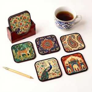 Wooden Coaster Set with Holder, Multicolor Indian Art Drink Coasters, Heat Resistant MDF Decor Gifts