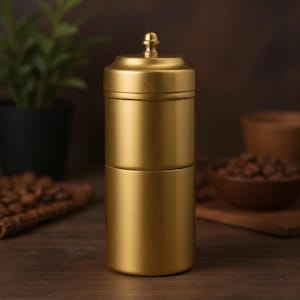 May include: A cylindrical gold-colored metal coffee filter press featuring a smooth matte finish and a small knob on the top lid. The device consists of two stacked sections with a clean, minimalist design and a solid, uniform metallic appearance.