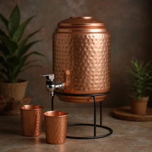 Kopparvattendispenser med stativkran och glas, 5L hamrad kanna, Ayurvedisk dricksbehållare present till hemmet