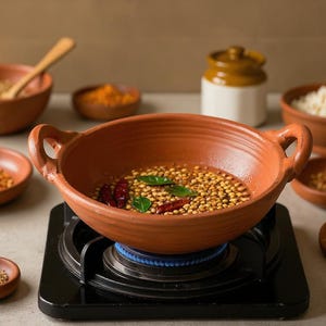 Terrakotta Thalipu Kadai 500ml, handgjord lerpanna Tadka, traditionellt lerkärl för kryddor