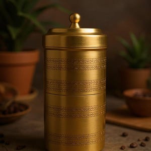May include: A cylindrical gold-colored metal canister with a matching lid featuring a small spherical knob. The exterior surface of the canister is decorated with three horizontal bands of etched, repeating wavy and dotted line patterns.