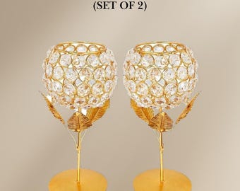 Elegant Glass and Golden Candle Holder | Vintage Crystal Candle Holder for Weddings and Table Decor