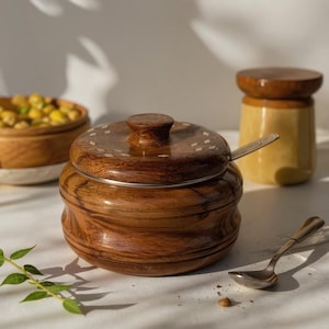 Rosewood Ghee Pot with Lid and Spoon, 250ml Tea Sugar Coffee Storage Jar, Stainless Steel Inner Decor