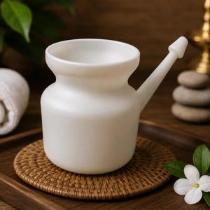 以下が含まれることがあります： 滑らかで丸みを帯びた本体と側面から伸びる先細りの注ぎ口を備えた白いセラミック製のネティポット。この容器は、広い開口部と不透明な仕上げが特徴で、鼻洗浄用に設計されたシンプルで機能的な構造をしています。