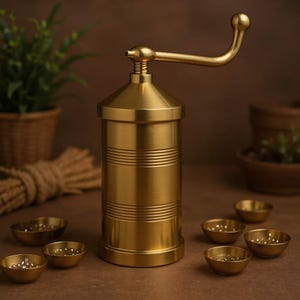 Op de afbeelding: Een cilindervormig keukengereedschap van messing met een geborstelde afwerking, voorzien van horizontale geribbelde banden rond het lichaam en een lange, gebogen handgreep aan de bovenkant. Zes kleine, bijpassende messing schaaltjes staan in een halve cirkel.