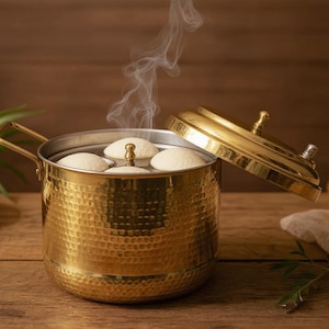 May include: A gold-toned, hammered metal steamer pot with a matching lid, featuring side handles and a central knob. Inside, four round, white steamed cakes are visible, with visible steam rising from the pot, indicating a hot cooking process.