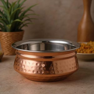 Pode incluir: Uma taça de servir redonda com interior em aço inoxidável polido e exterior em cobre martelado. A taça possui uma borda larga e lisa com uma base arredondada, destacando o contraste entre o metal prateado e o corpo de cobre texturizado.
